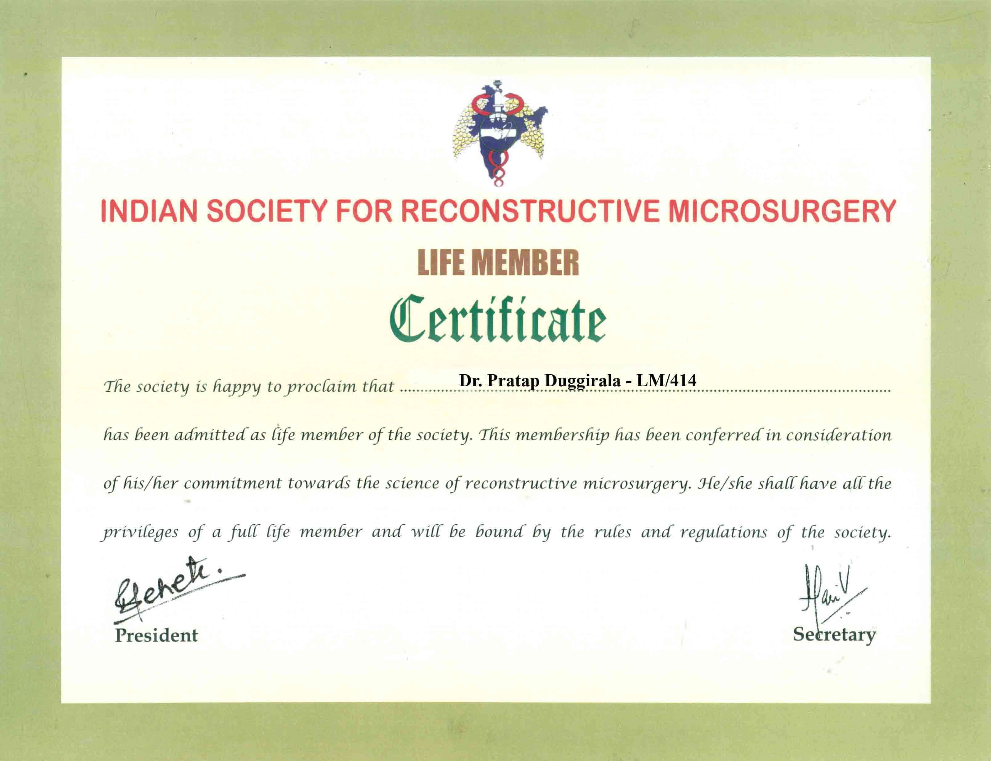 Indian Society for Reconstructive Microsurgery Life Member Certificate