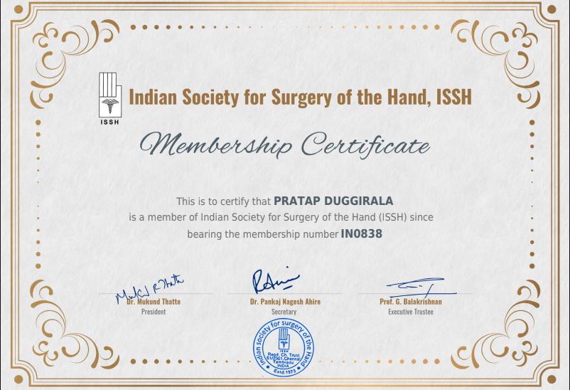 Indian Society for Surgery of the Hand Membership Certificate
