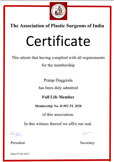 Association of Plastic Surgeons of India Full Life Member Certificate