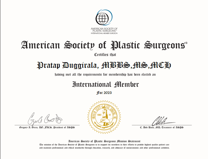 American Society of Plastic Surgeons International Member Certificate