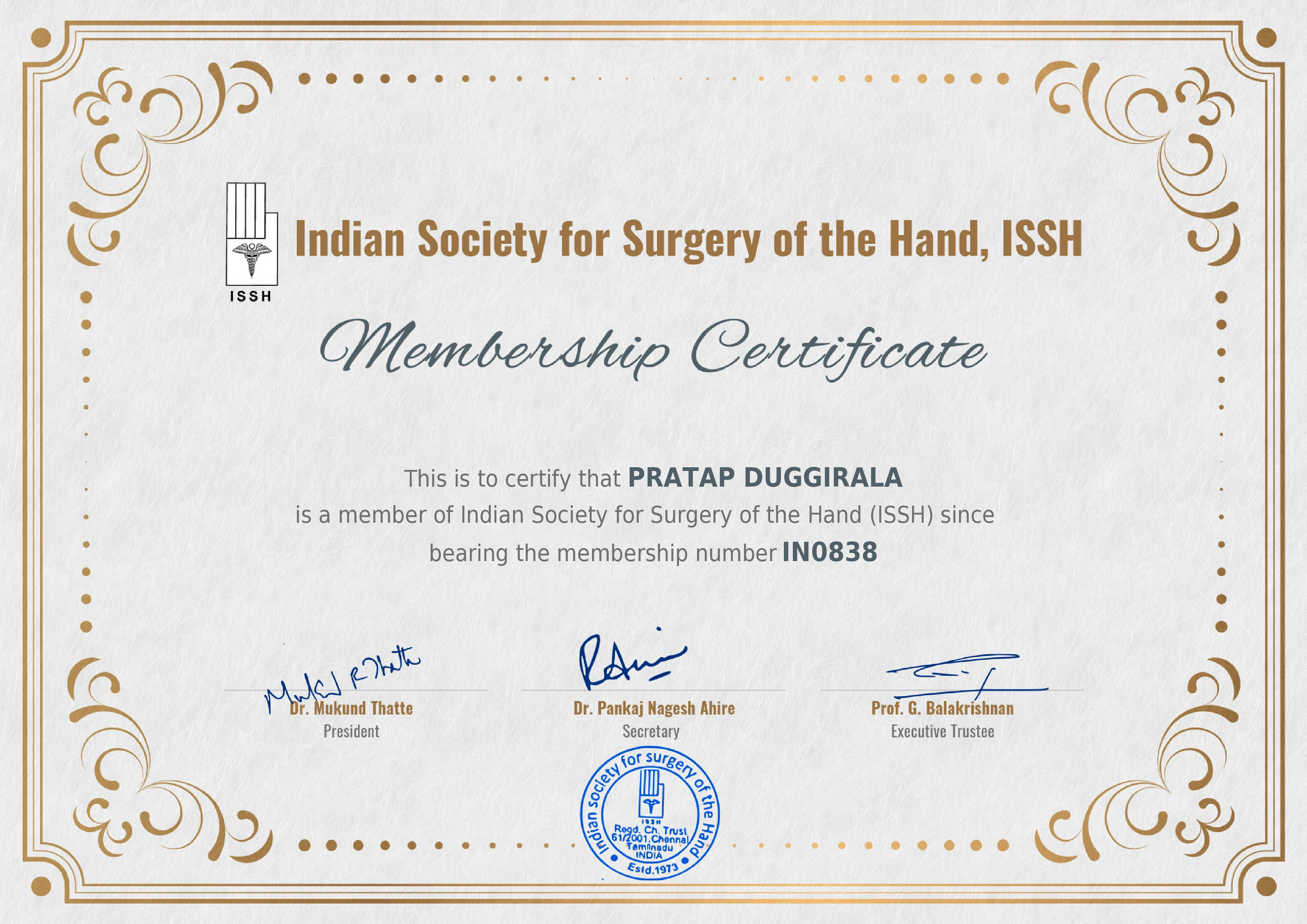 Indian Society for Surgery of the Hand Membership Certificate