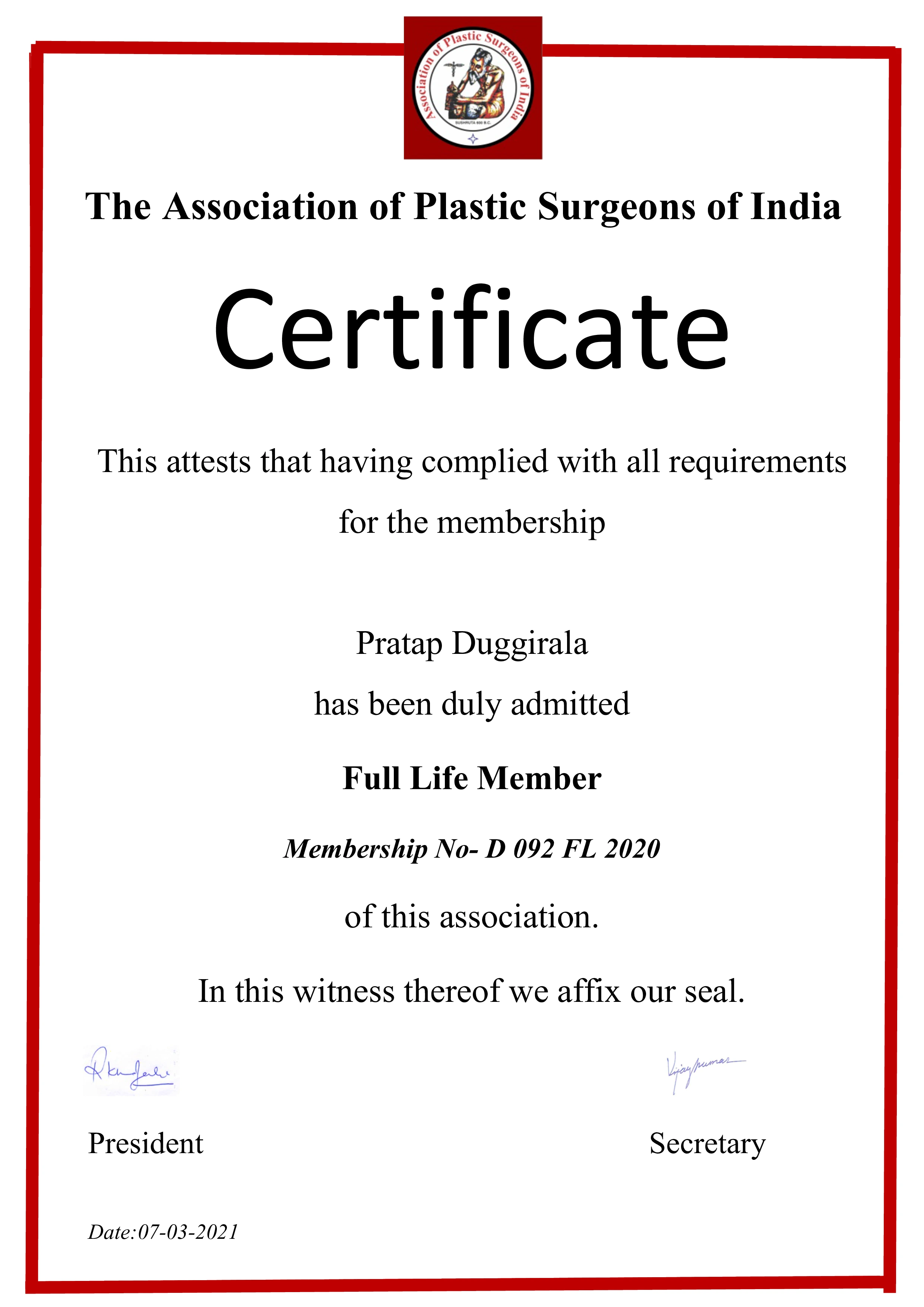 Association of Plastic Surgeons of India Full Life Member Certificate
