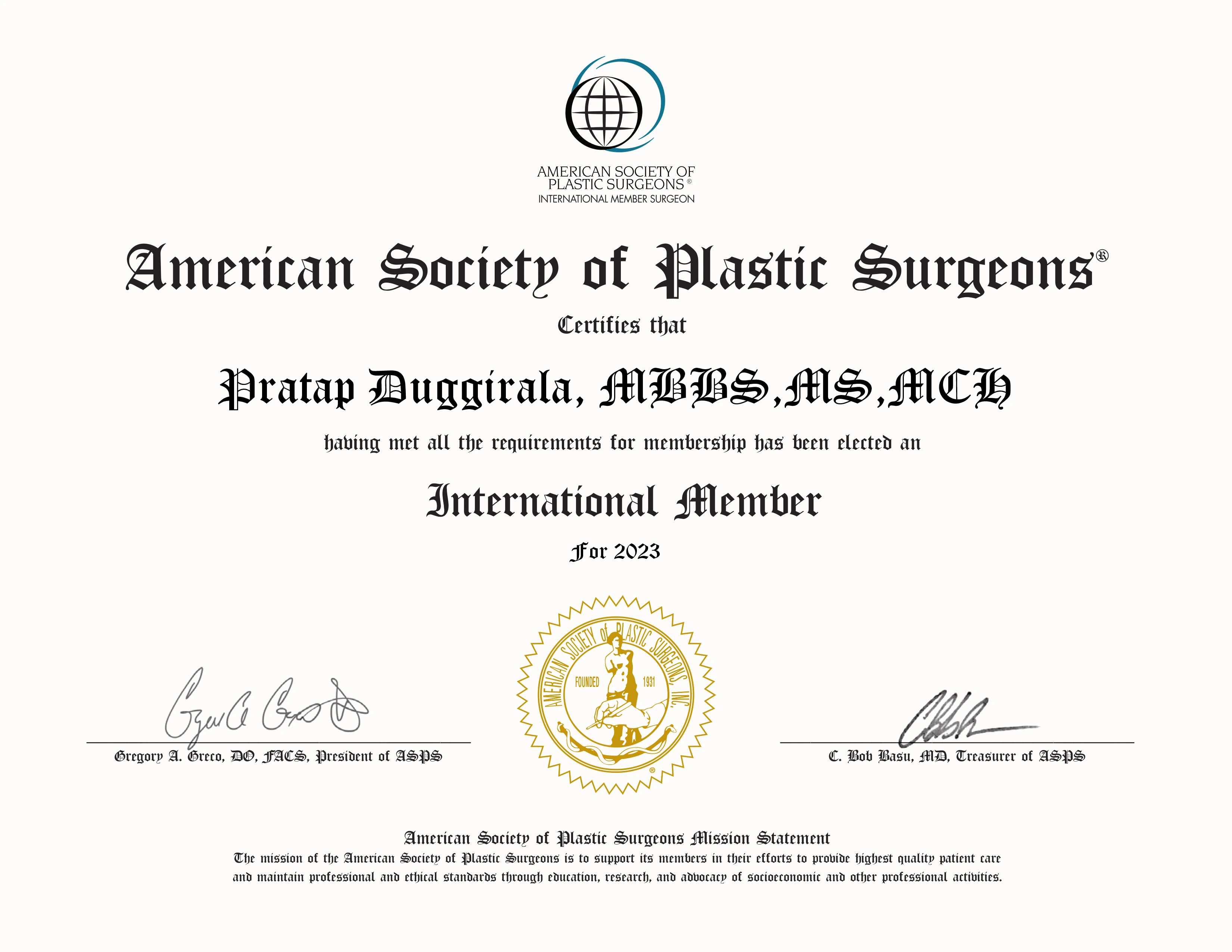 American Society of Plastic Surgeons International Member Certificate
